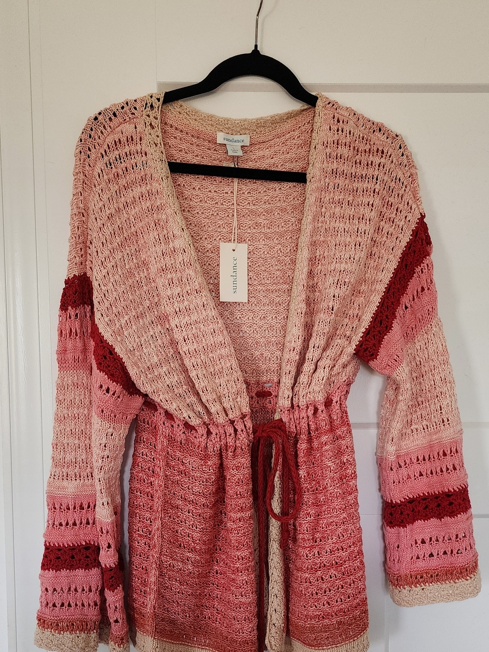 Sundance Pink and Red Open-Knit Tie-Waist Cardigan
